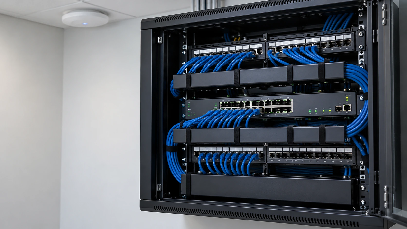 Duvar tipi rack kabinde düzenli bağlanmış ağ kabloları, switch ve tavanda kablosuz erişim noktası (temsili görsel)
